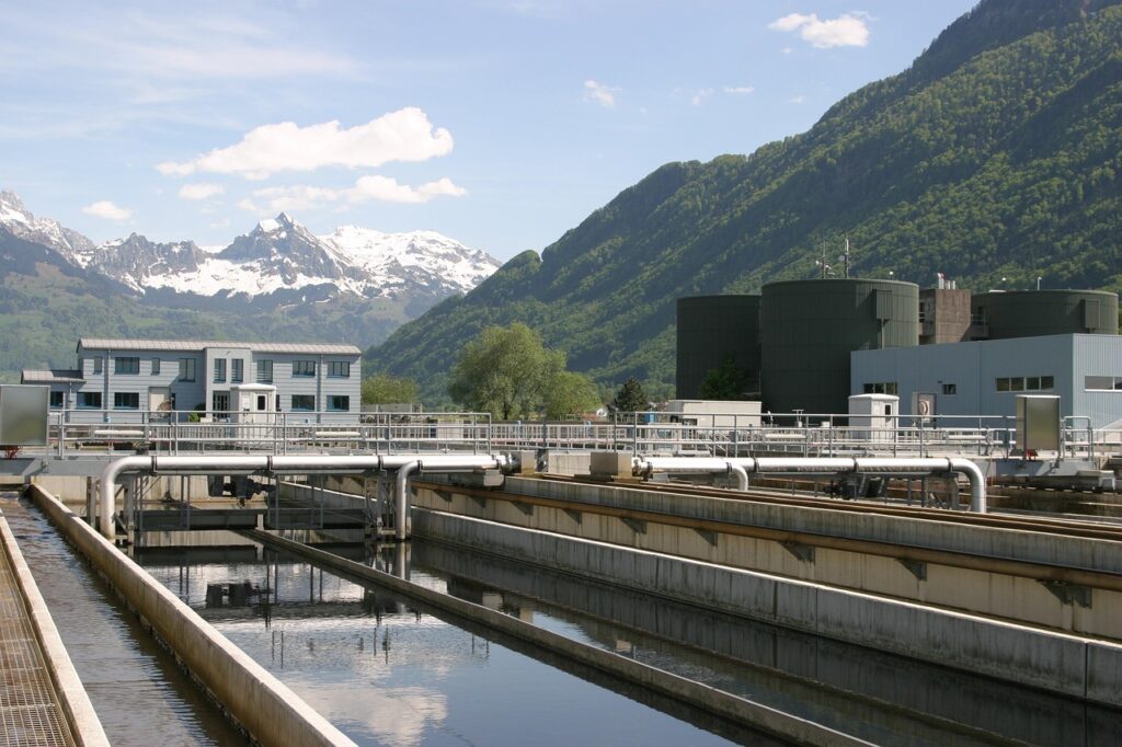 sewage treatment plant, nature, switzerland, wastewater treatment, clarifiers, clear, water, wastewater, environmental protection, clean